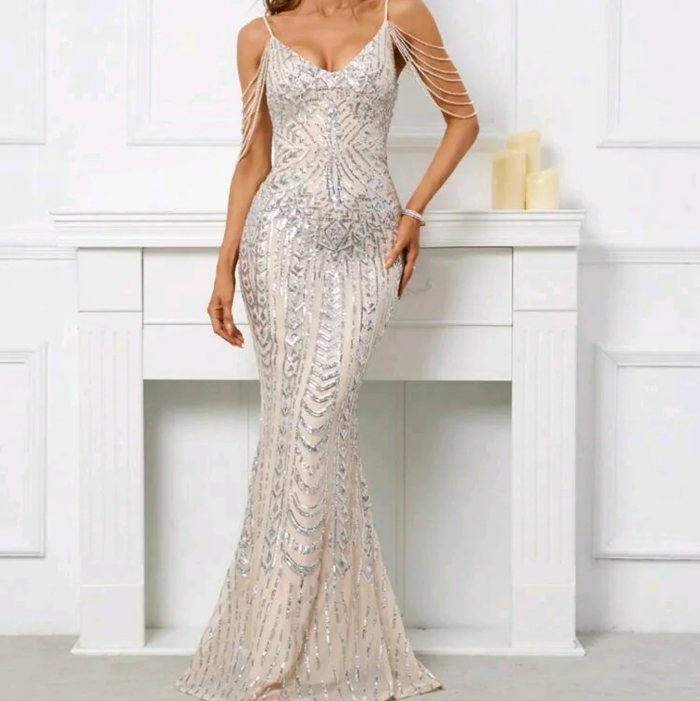 Silver, Backless, Cami,  Fringe Sleeves,  Contrast Sequined Mermaid Gown - Picture 10 of 16
